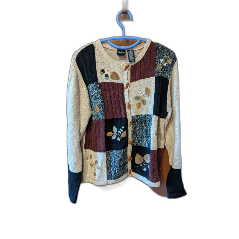 Erika Embroidered Cardigan Sweater Fall Theme Leaves Color Block Cottagecore Y2K